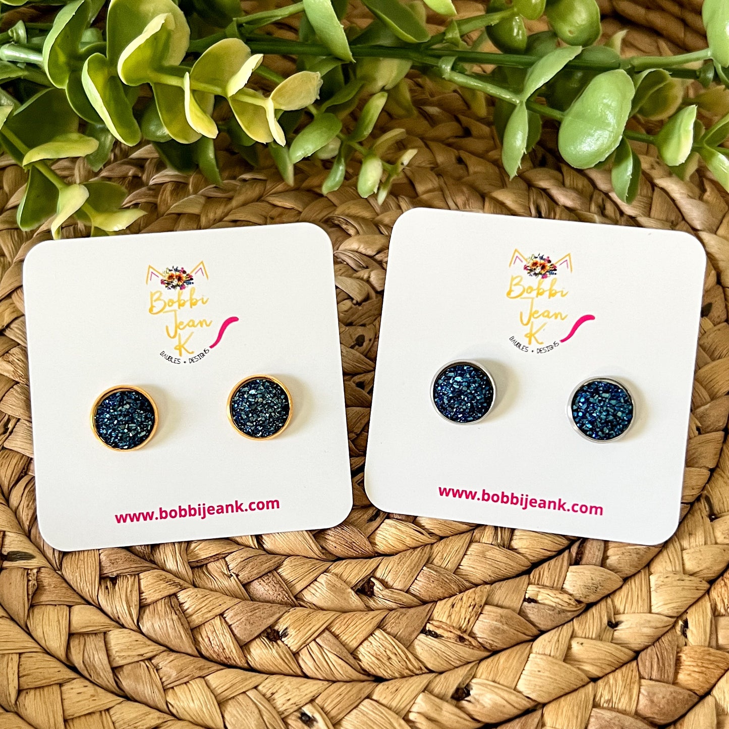 Midnight Blue Faux Druzy Studs 12mm: Choose Silver or Gold Settings