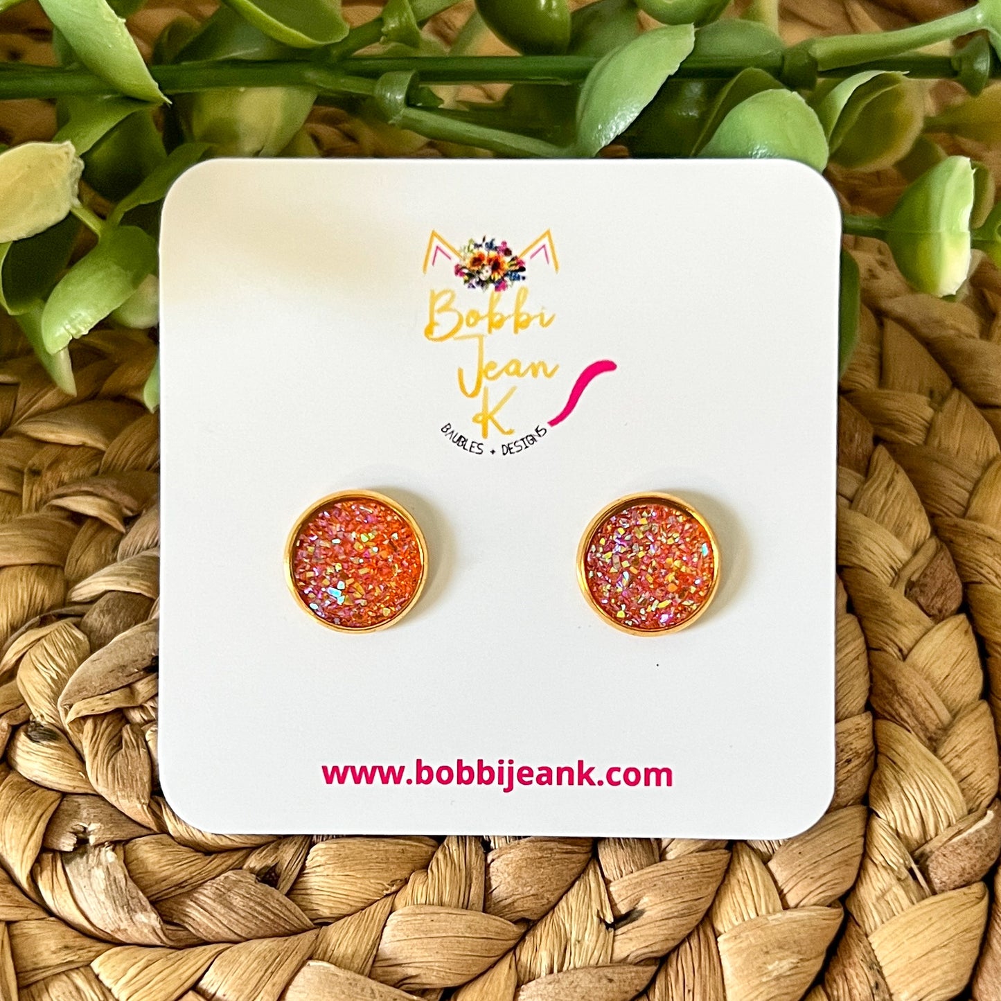 SALE: Orange Faux Druzy Studs 12mm: Choose Silver or Gold Settings
