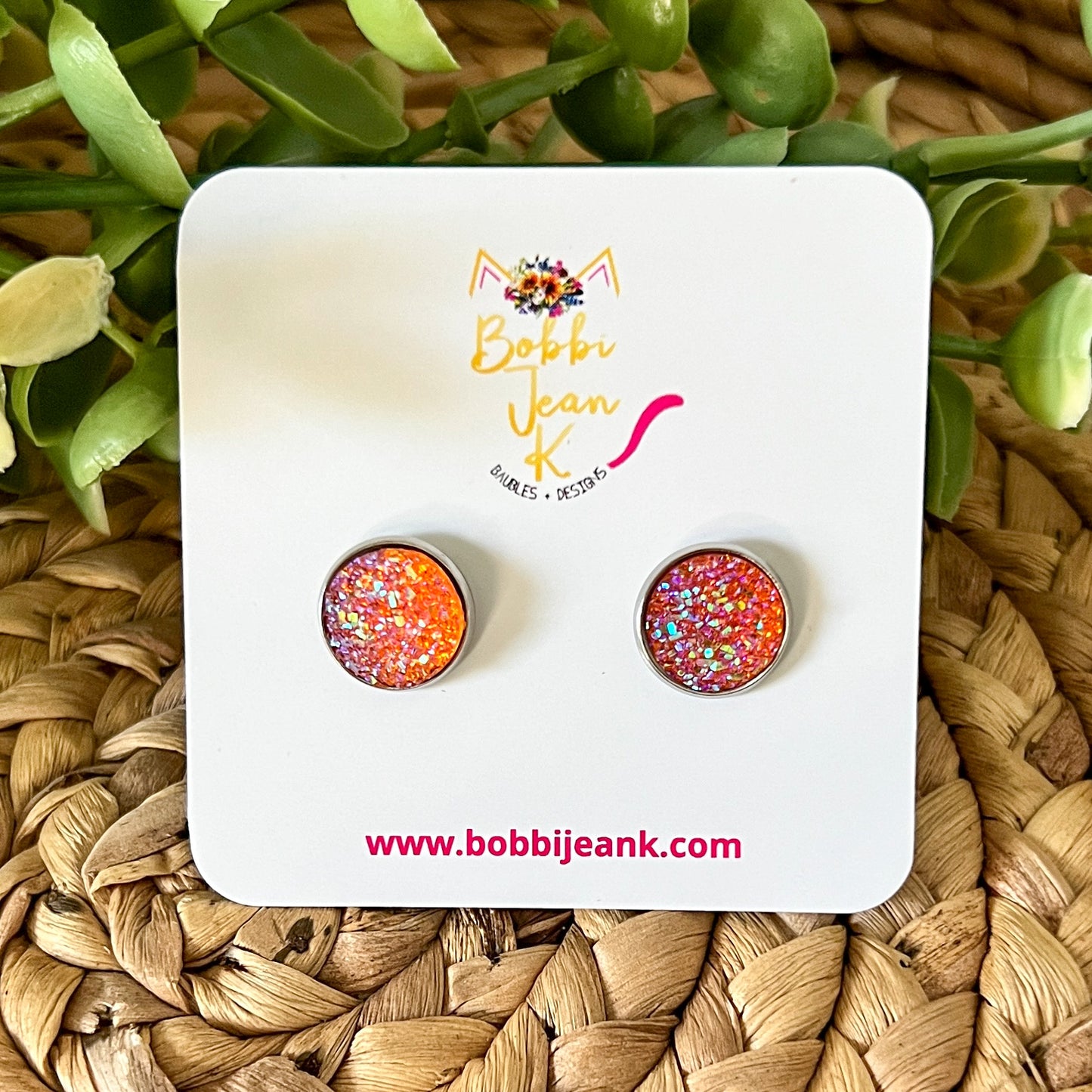 SALE: Orange Faux Druzy Studs 12mm: Choose Silver or Gold Settings