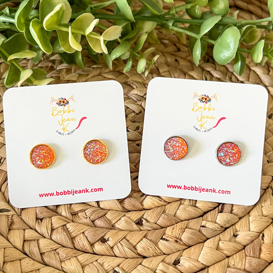 SALE: Orange Faux Druzy Studs 12mm: Choose Silver or Gold Settings