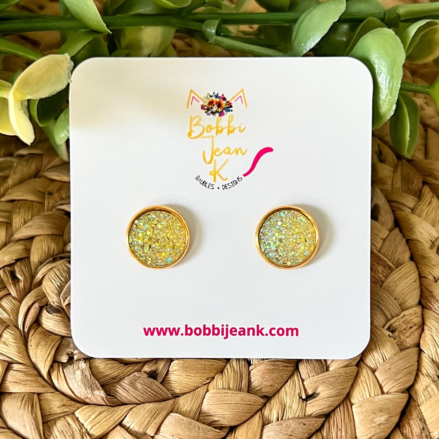 SALE: Yellow Faux Druzy Studs 12mm: Choose Silver or Gold Settings - LOW STOCK