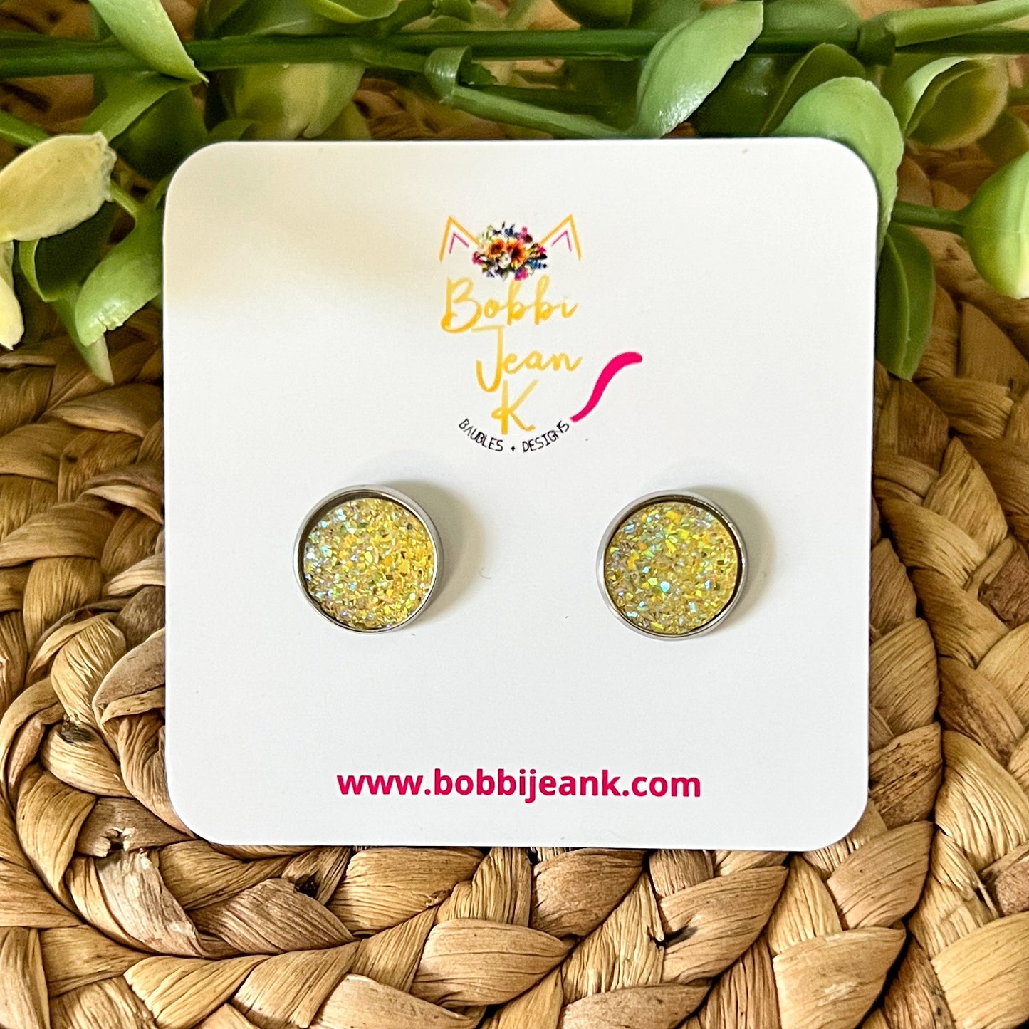 SALE: Yellow Faux Druzy Studs 12mm: Choose Silver or Gold Settings - LOW STOCK