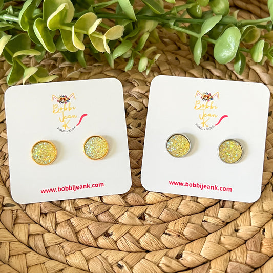 SALE: Yellow Faux Druzy Studs 12mm: Choose Silver or Gold Settings - LOW STOCK