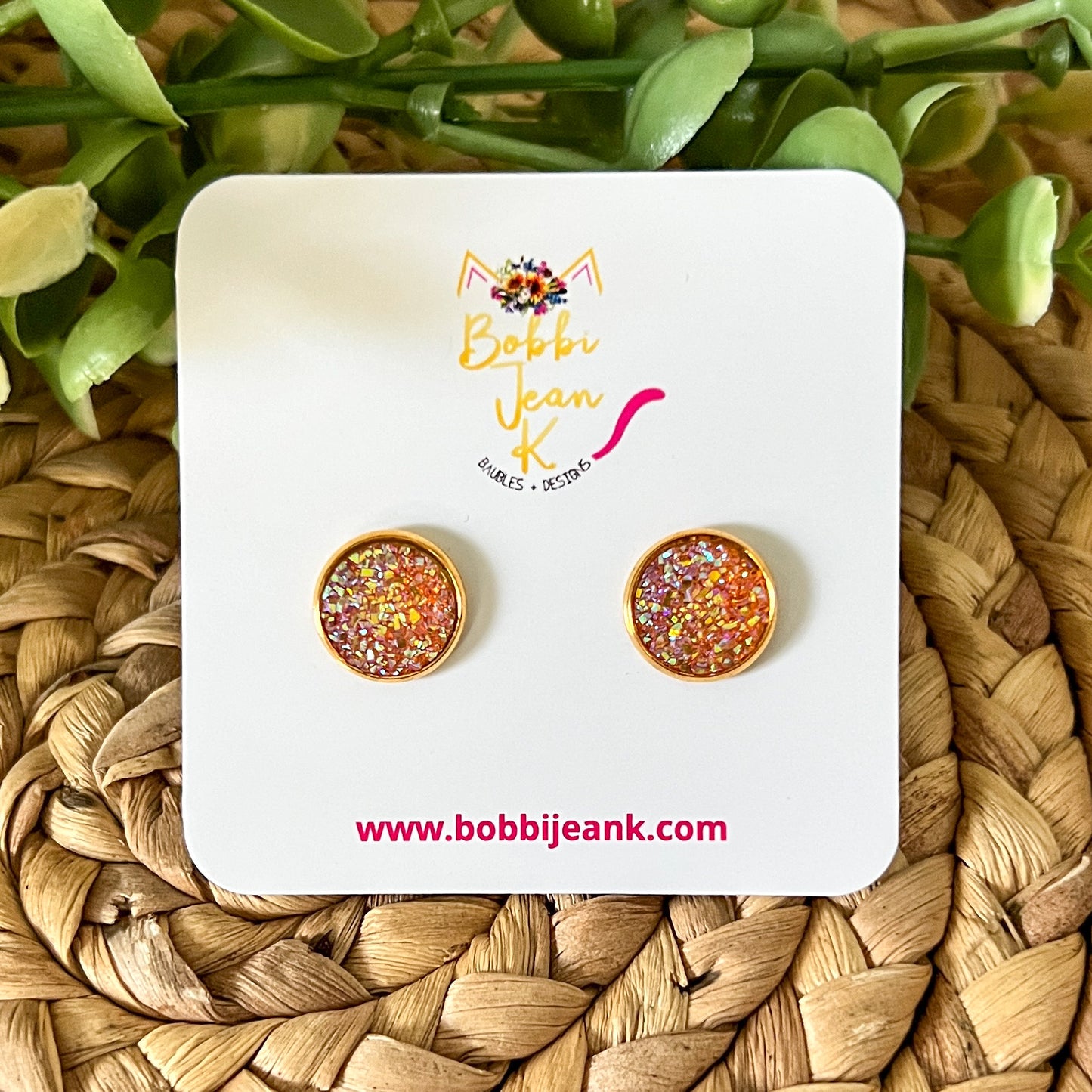 Tangerine Faux Druzy Studs 12mm: Choose Silver or Gold Settings