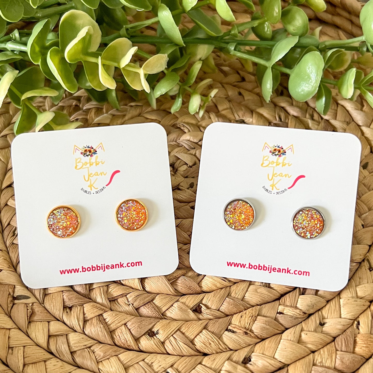 Tangerine Faux Druzy Studs 12mm: Choose Silver or Gold Settings