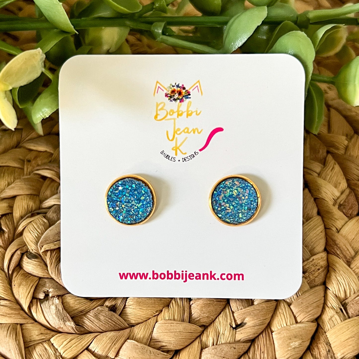 SALE: Blue Faux Druzy Studs 12mm: Choose Silver or Gold Settings - LOW STOCK