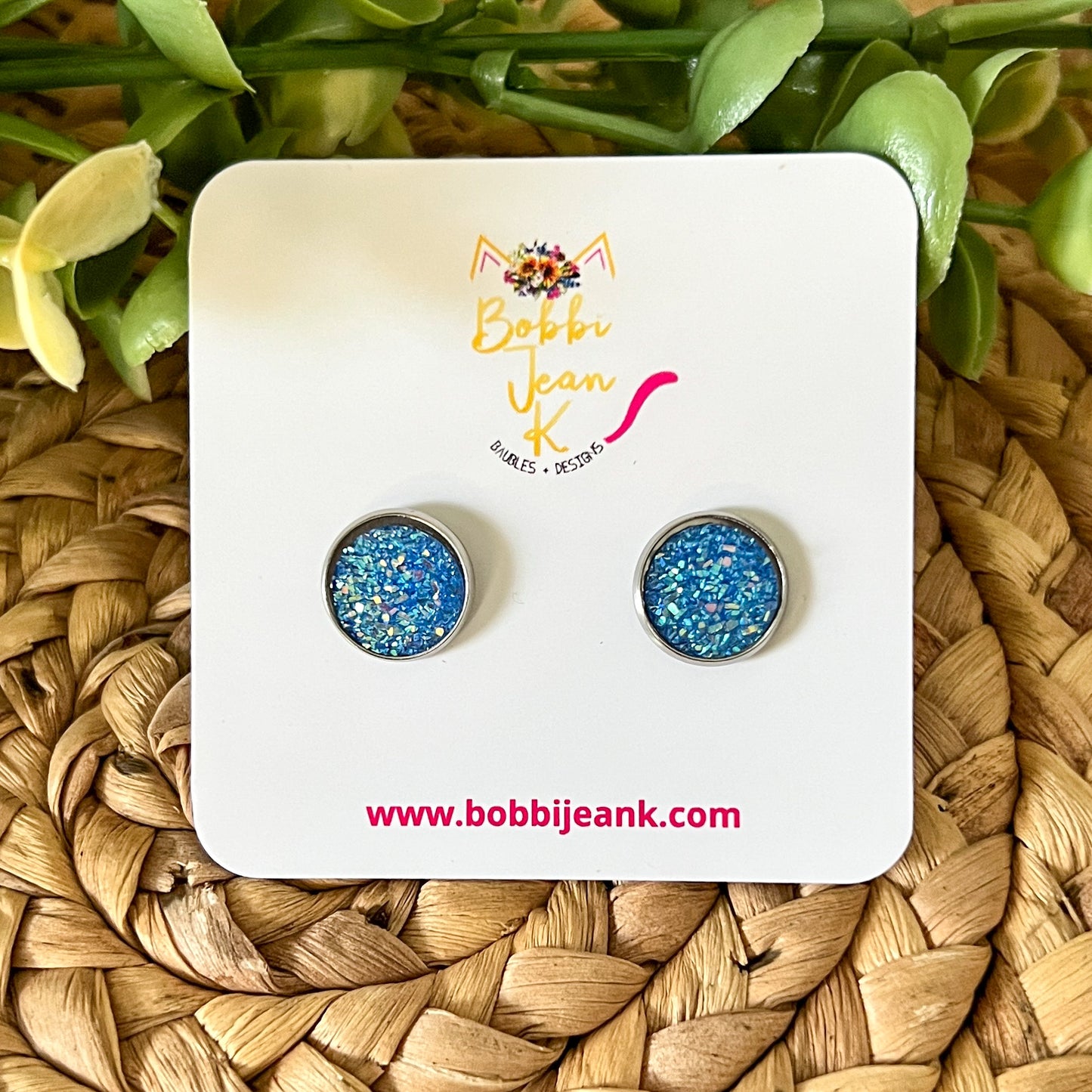 SALE: Blue Faux Druzy Studs 12mm: Choose Silver or Gold Settings - LOW STOCK