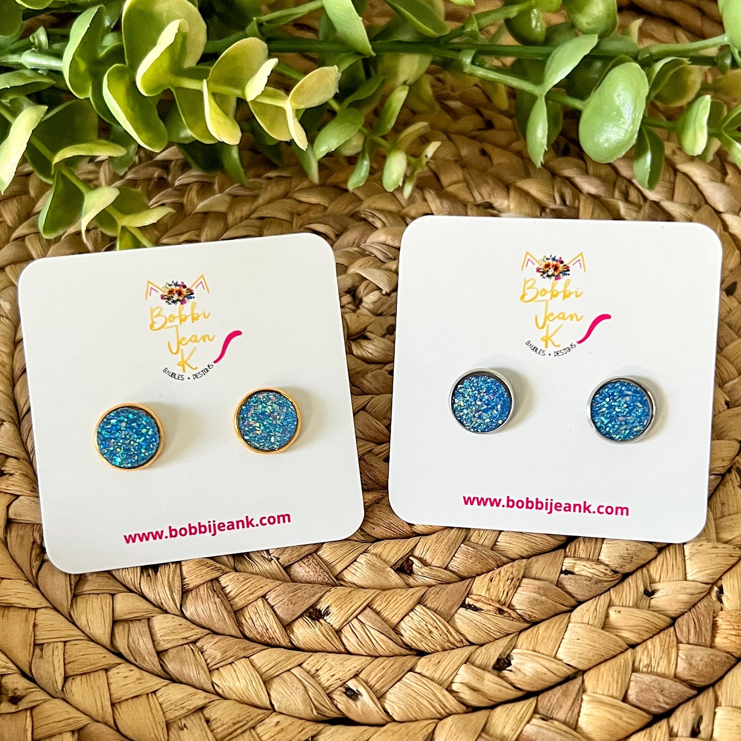 SALE: Blue Faux Druzy Studs 12mm: Choose Silver or Gold Settings - LOW STOCK