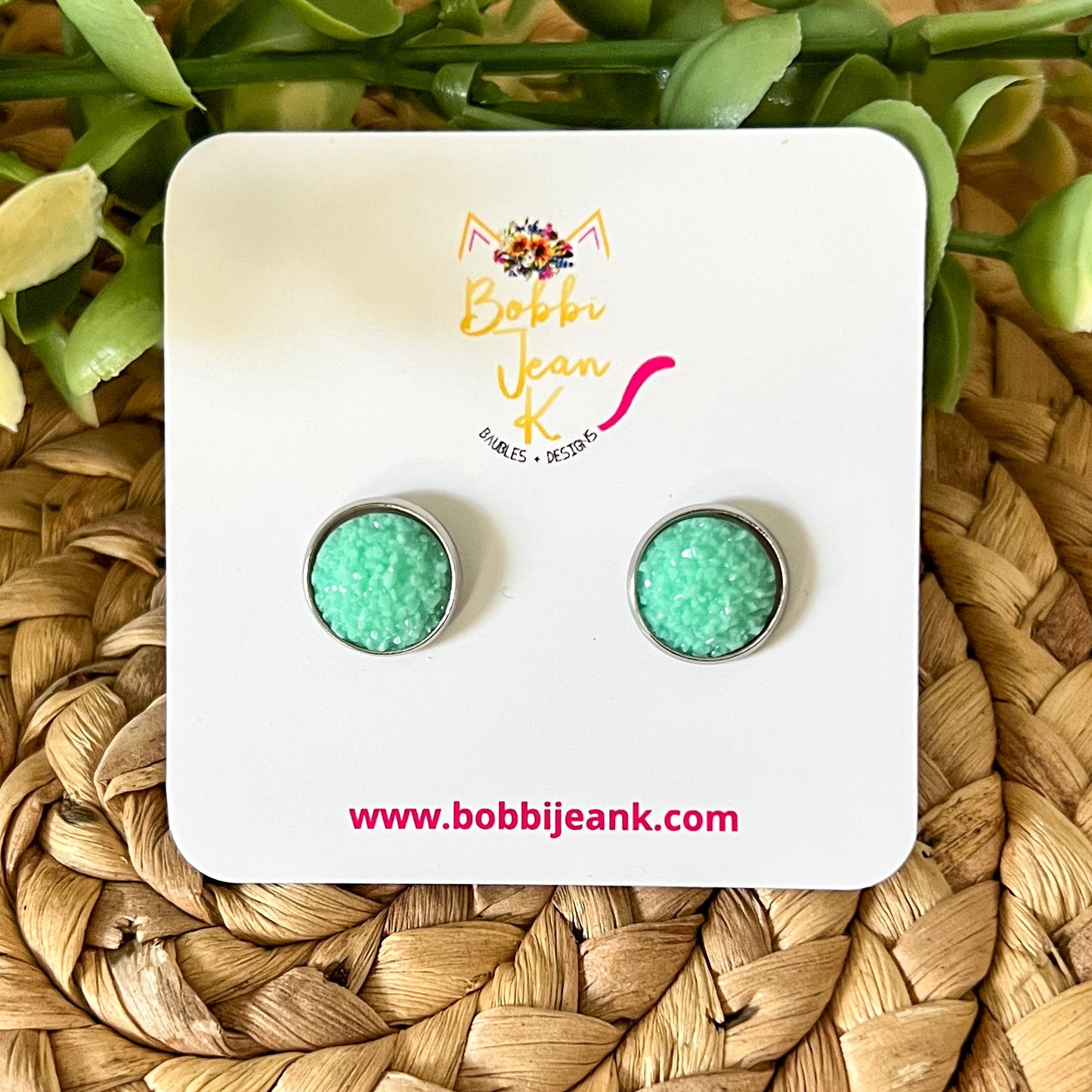 SALE: Sea Foam Frosted Faux Druzy Studs 12mm: Choose Silver or Gold Settings