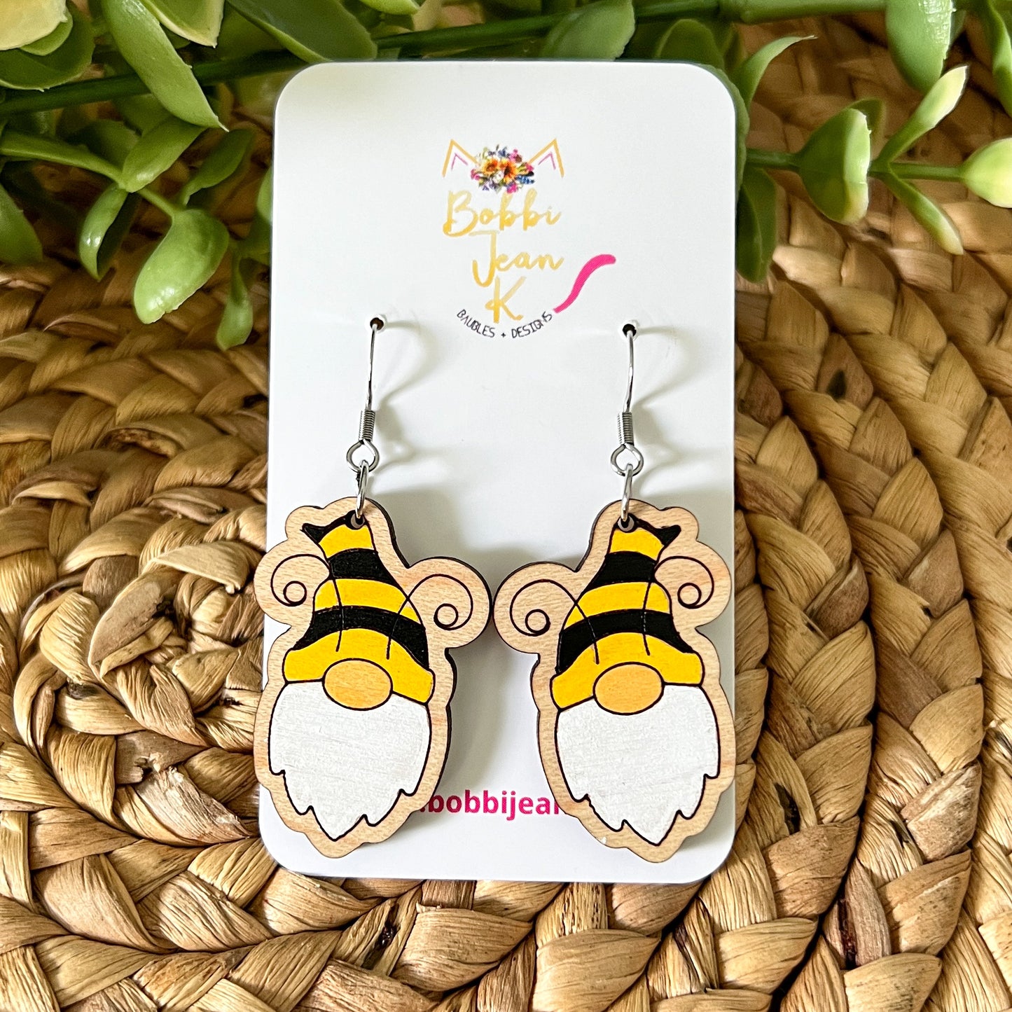 Hand Painted Gnome Bee Wood Earrings: Choose Dangles or Studs