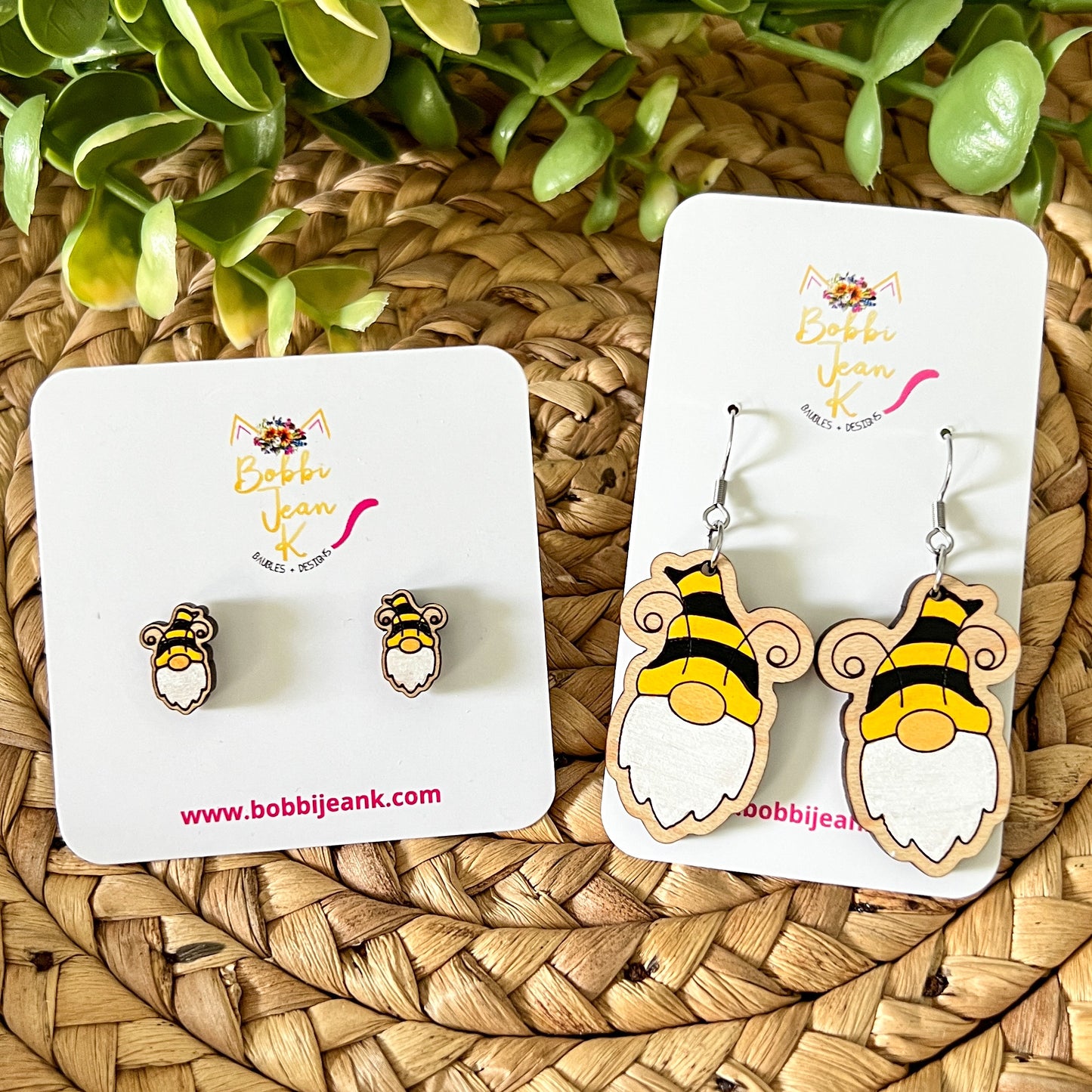 Hand Painted Gnome Bee Wood Earrings: Choose Dangles or Studs