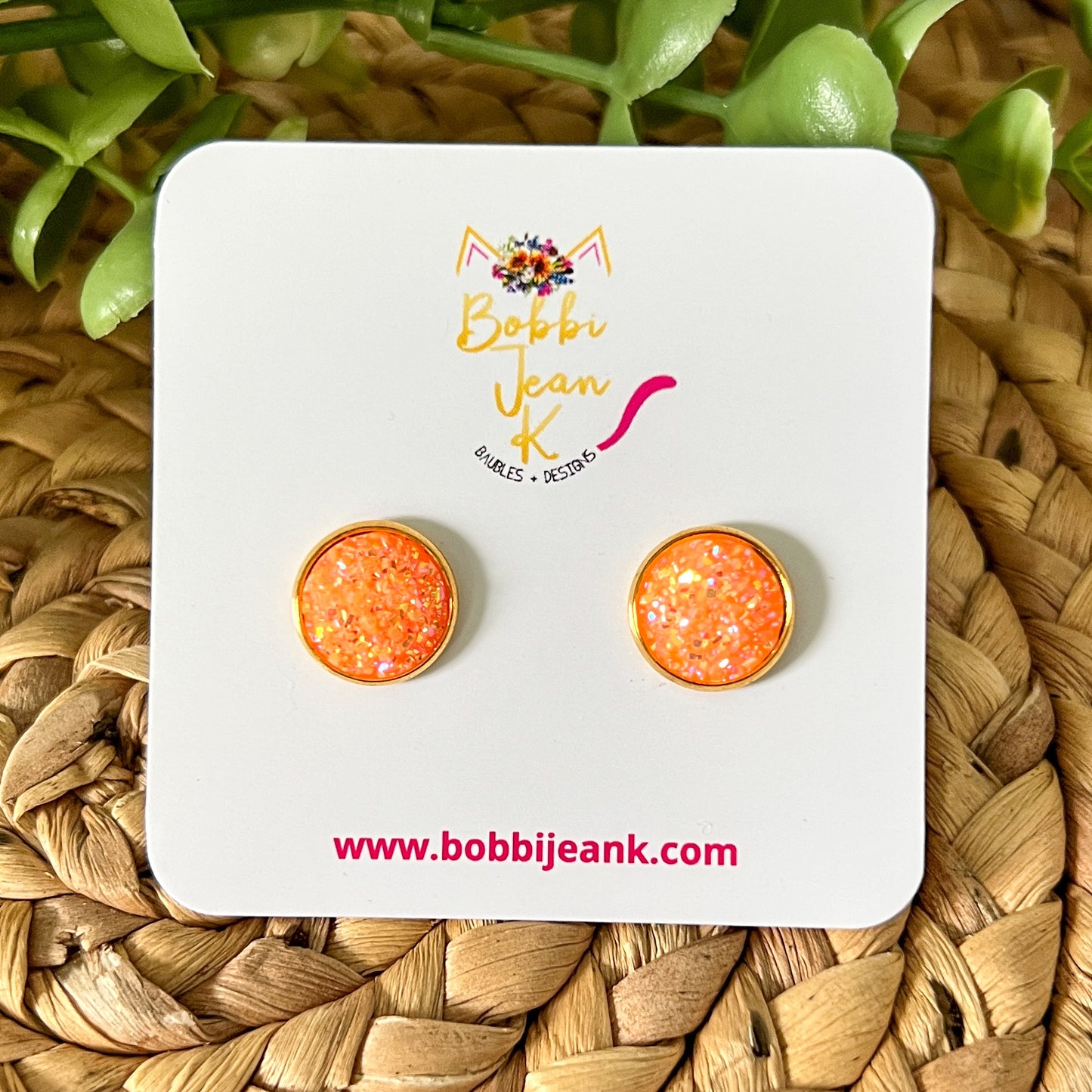 SALE: Orange Frosted Sparkle Faux Druzy Studs 12mm: Choose Silver or Gold Settings - LOW STOCK