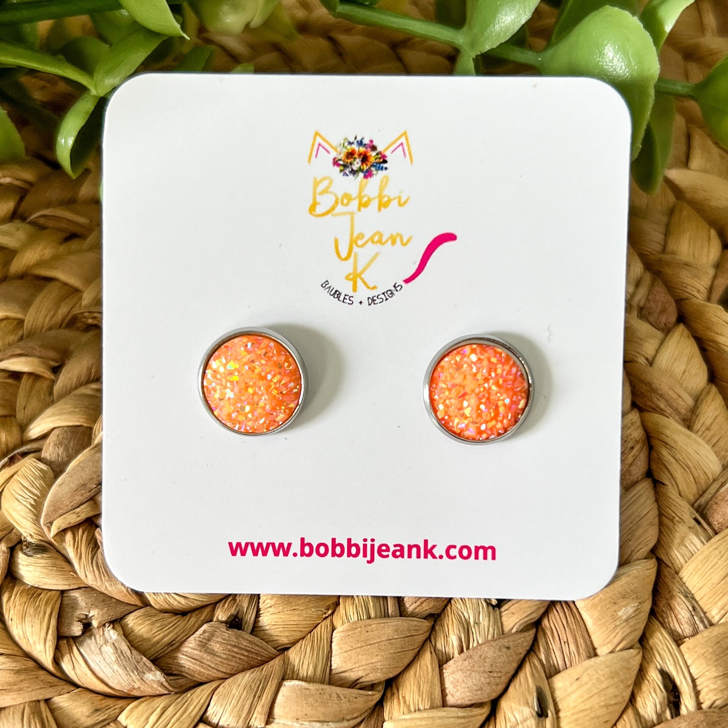 SALE: Orange Frosted Sparkle Faux Druzy Studs 12mm: Choose Silver or Gold Settings - LOW STOCK