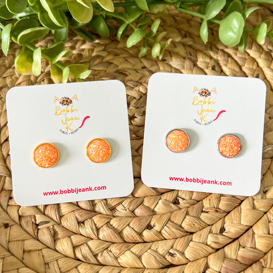 SALE: Orange Frosted Sparkle Faux Druzy Studs 12mm: Choose Silver or Gold Settings - LOW STOCK
