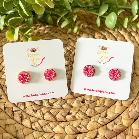 Magenta Sparkle Faux Druzy Studs 12mm: Choose Silver or Gold Settings