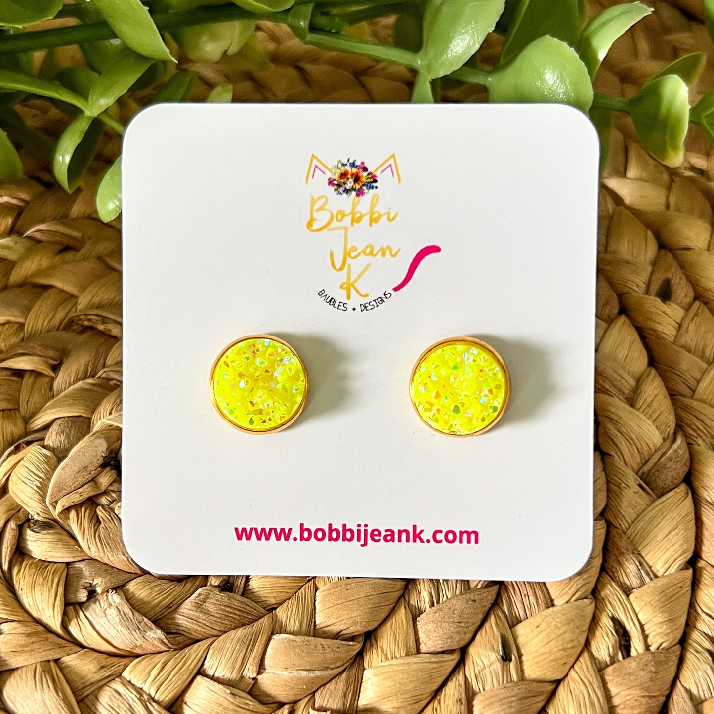 SALE: Neon Yellow Sparkle Faux Druzy Studs 12mm: Choose Silver or Gold Settings - ONLY ONE LEFT