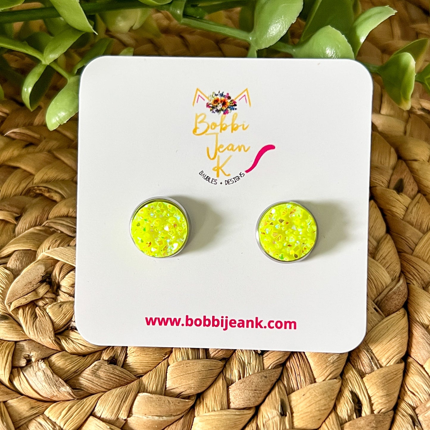 SALE: Neon Yellow Sparkle Faux Druzy Studs 12mm: Choose Silver or Gold Settings - ONLY ONE LEFT