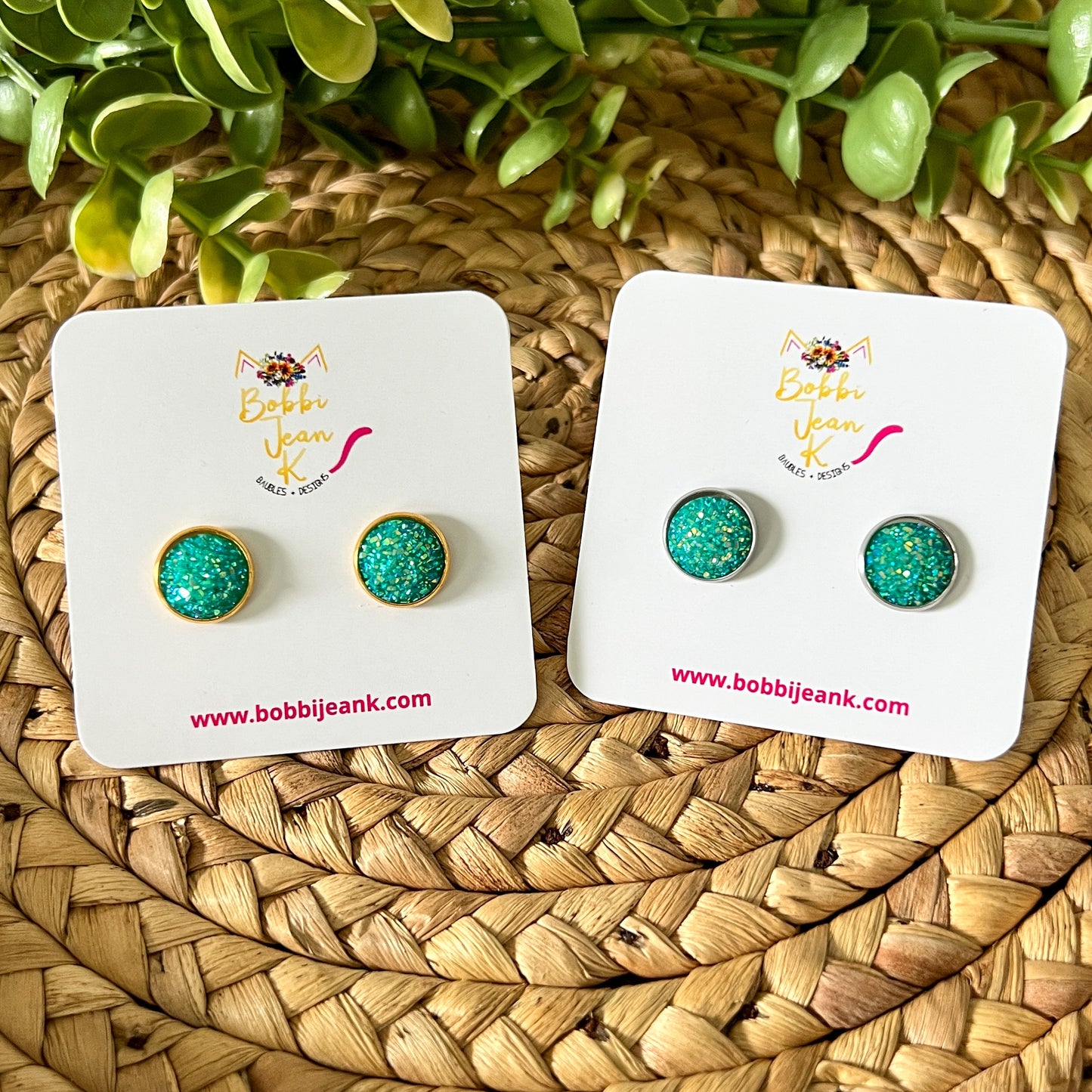 SALE: Aqua Sparkle Frosted Faux Druzy Studs 12mm: Choose Silver or Gold Settings - LOW STOCK