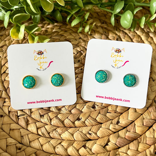 SALE: Aqua Sparkle Frosted Faux Druzy Studs 12mm: Choose Silver or Gold Settings - LOW STOCK
