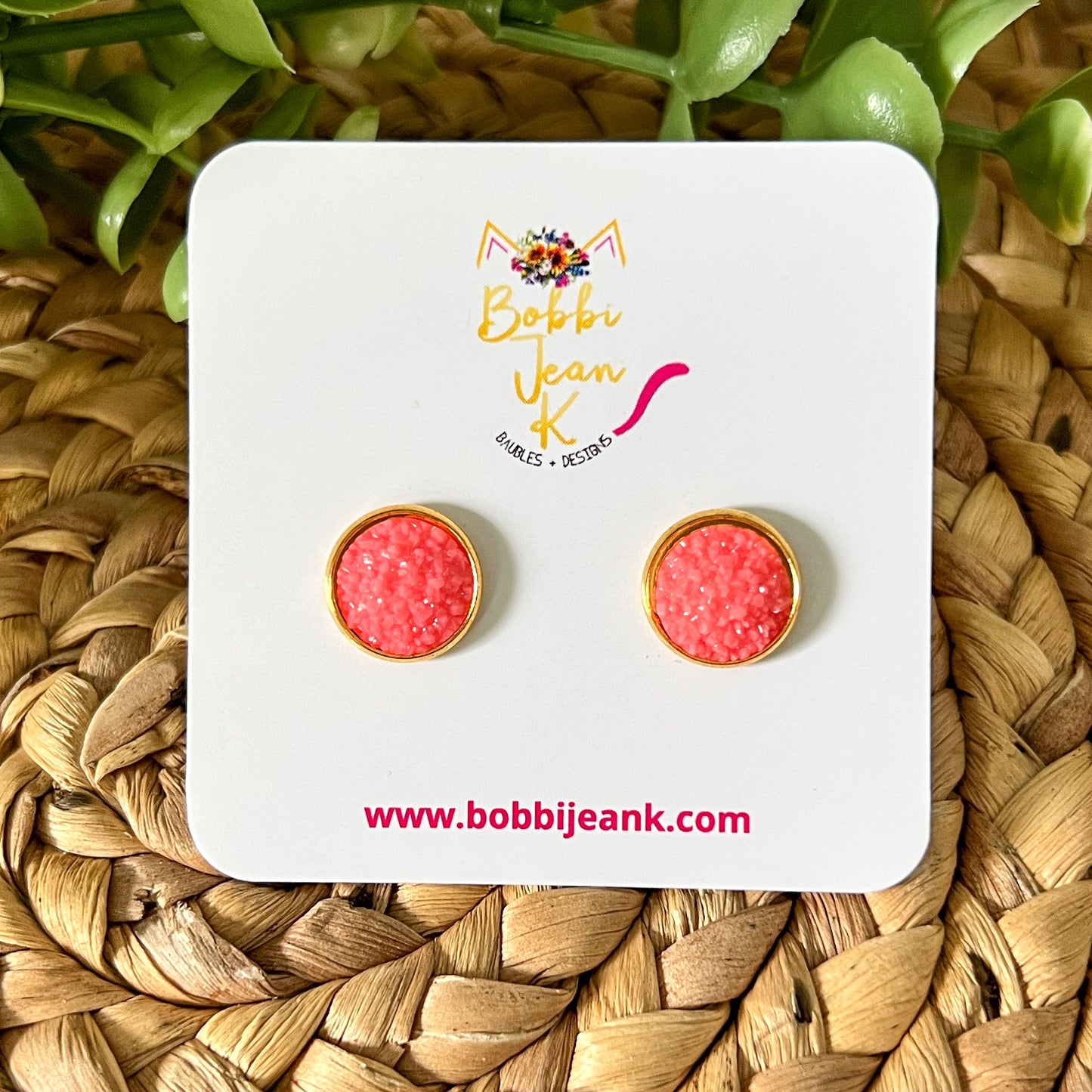 SALE: Watermelon Frosted Faux Druzy Studs 12mm: Choose Silver or Gold Settings - LOW STOCK