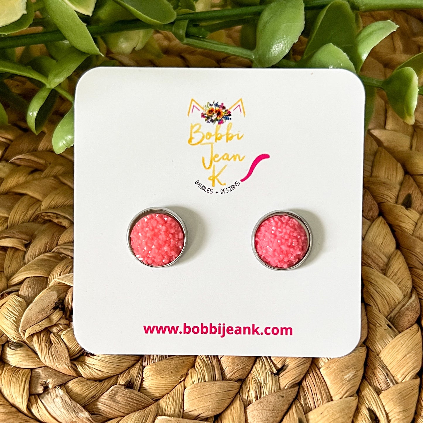 SALE: Watermelon Frosted Faux Druzy Studs 12mm: Choose Silver or Gold Settings - LOW STOCK
