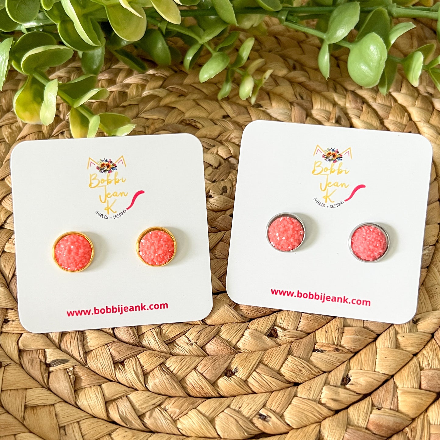 SALE: Watermelon Frosted Faux Druzy Studs 12mm: Choose Silver or Gold Settings - LOW STOCK