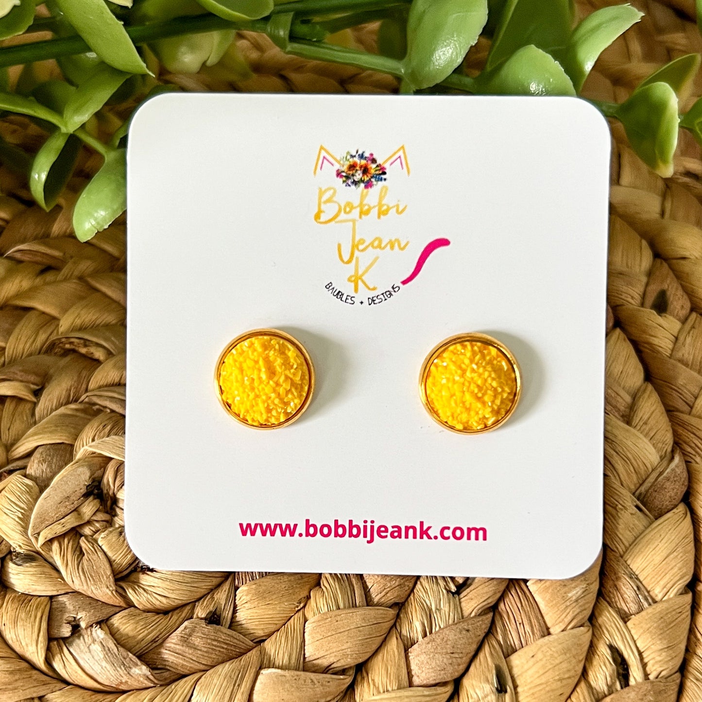 SALE: Yellow Frosted Faux Druzy Studs 12mm: Choose Silver or Gold Settings - LOW STOCK