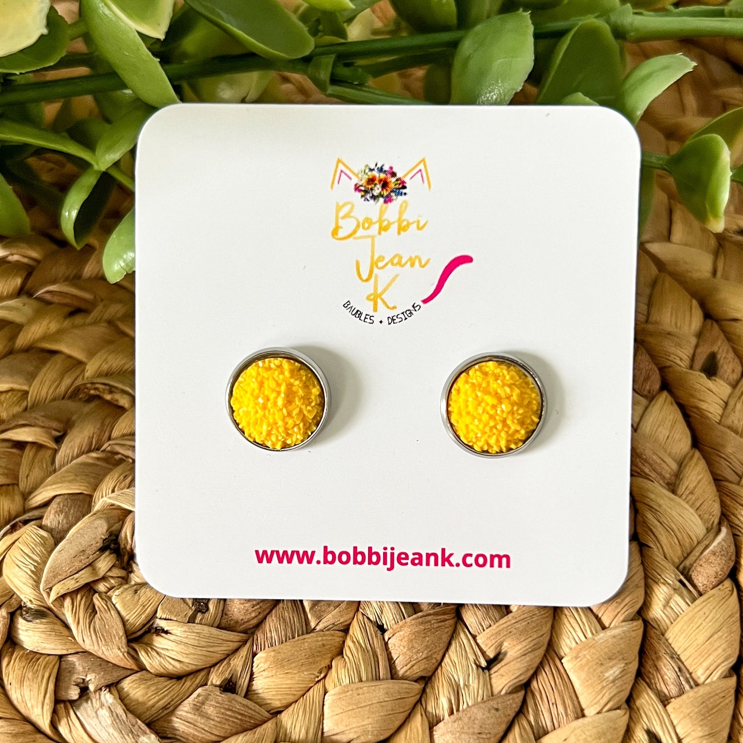 SALE: Yellow Frosted Faux Druzy Studs 12mm: Choose Silver or Gold Settings - LOW STOCK