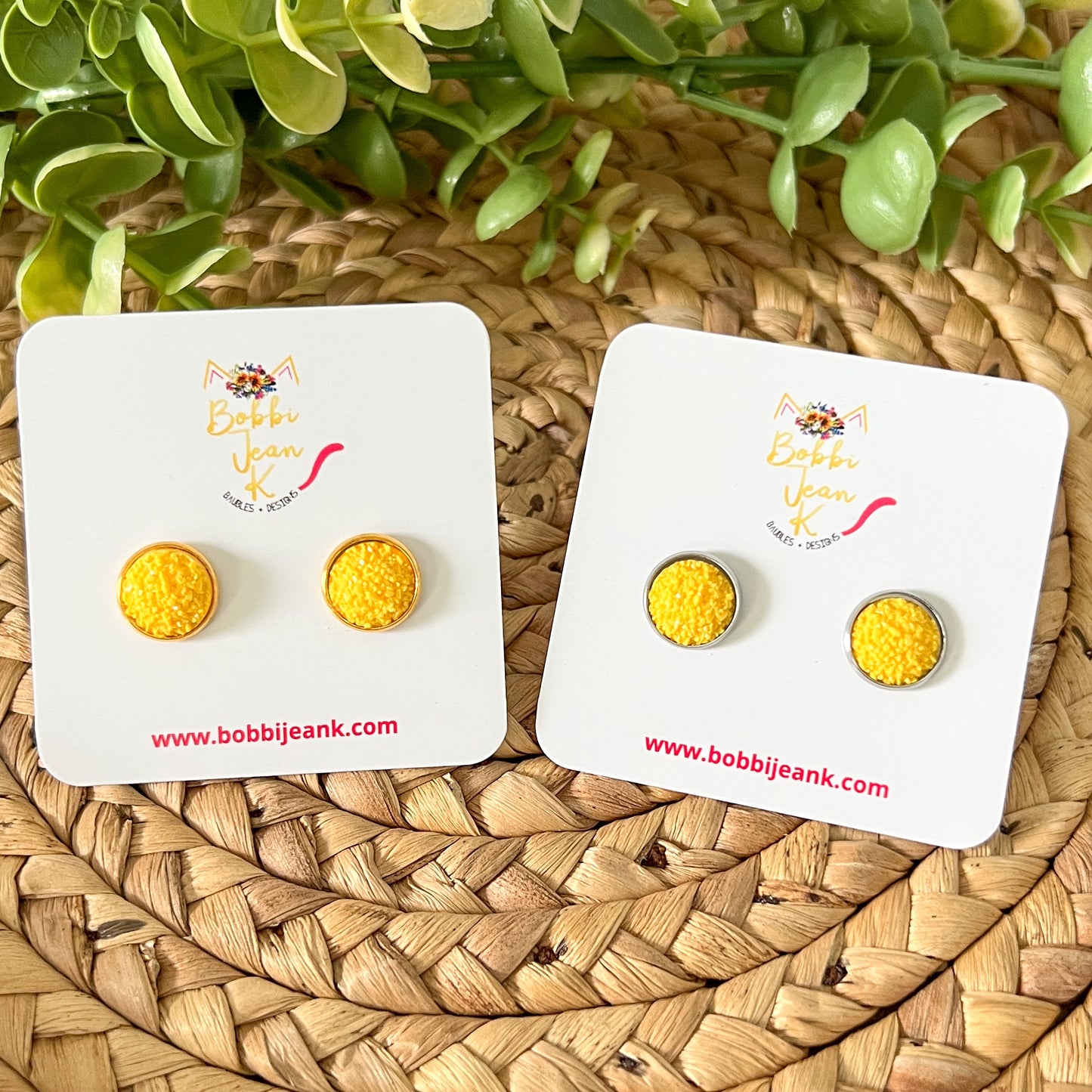 SALE: Yellow Frosted Faux Druzy Studs 12mm: Choose Silver or Gold Settings - LOW STOCK