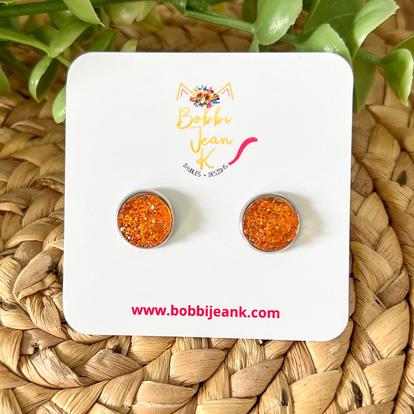SALE: Orange "Ice" Faux Druzy Studs 12mm: Choose Silver or Gold Settings - ONLY 2 LEFT