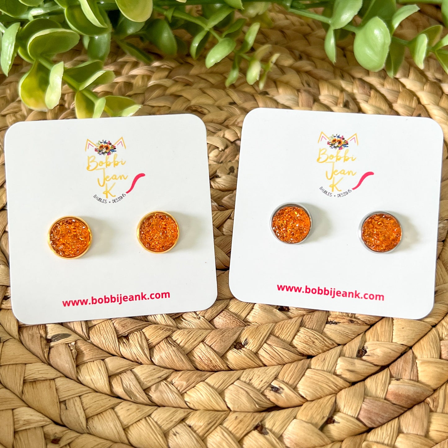 SALE: Orange "Ice" Faux Druzy Studs 12mm: Choose Silver or Gold Settings - ONLY 2 LEFT