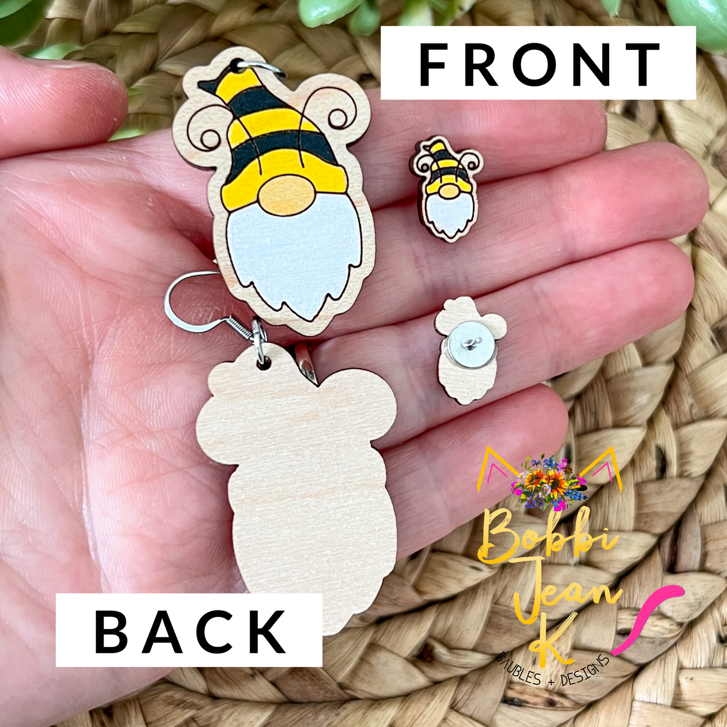 Hand Painted Gnome Bee Wood Earrings: Choose Dangles or Studs