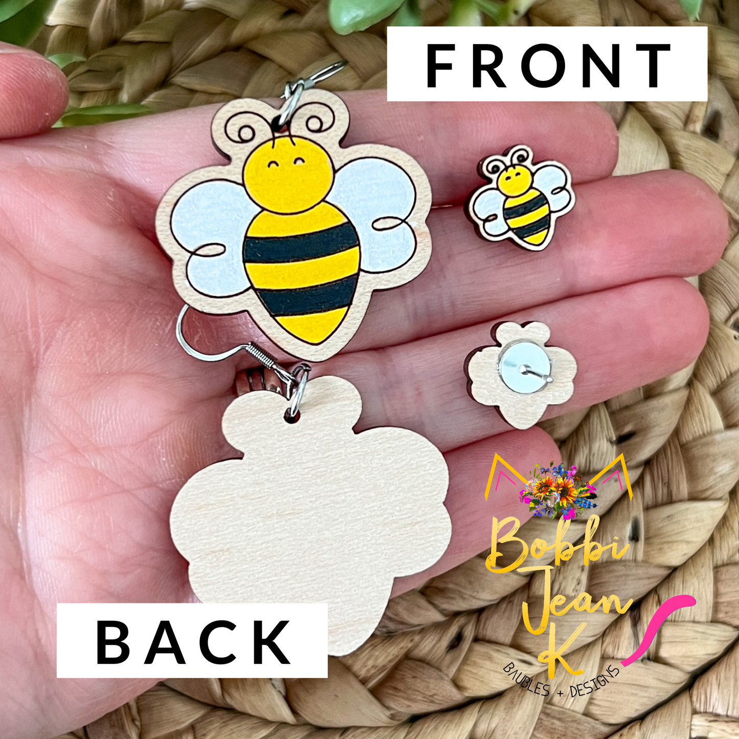 Hand Painted Bumblebee Wood Earrings: Choose Dangles or Studs