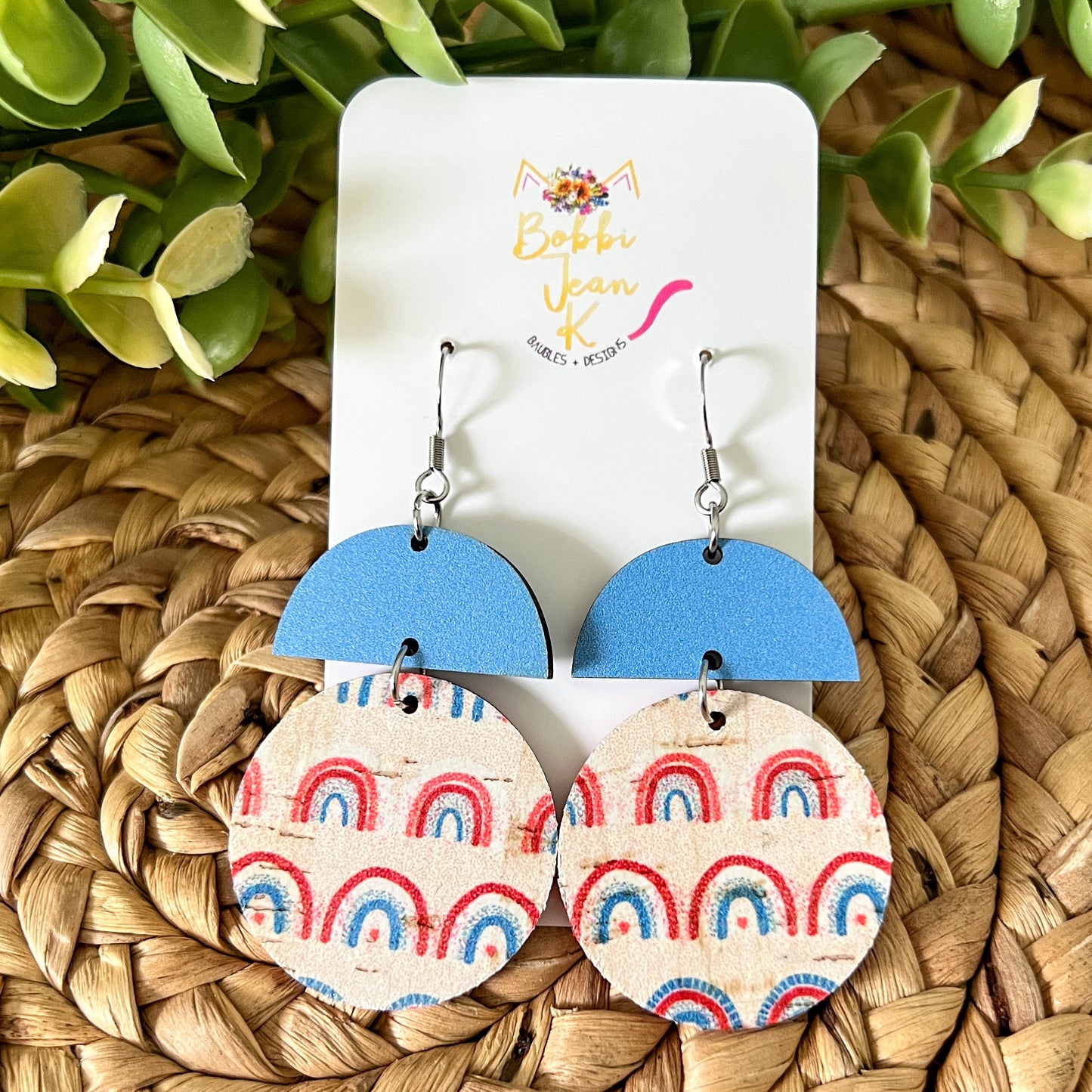 Patriotic Retro Rainbow Cork on Leather Earrings: Choose From 2 Shape Options - LAST CHANCE