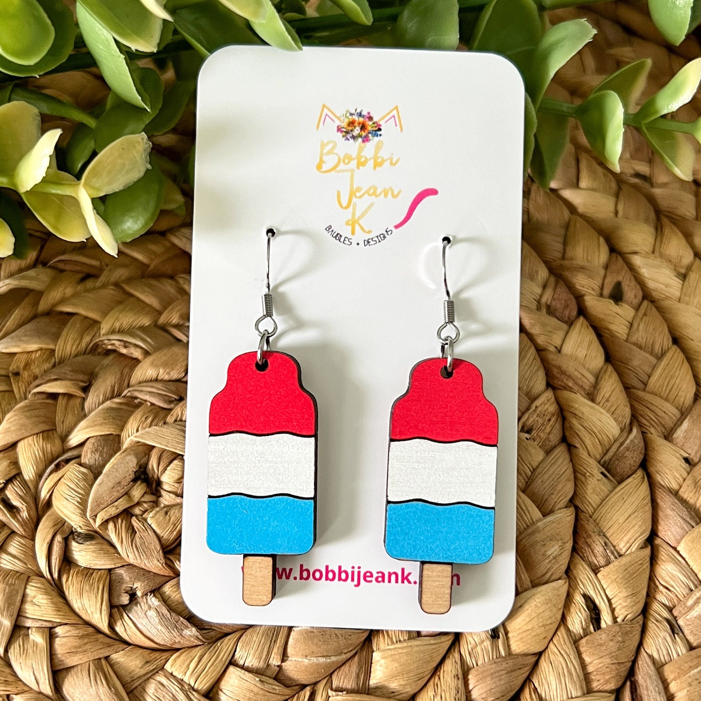 Hand Painted Patriotic Wood Popsicle Earrings: Choose From Dangle or Stud