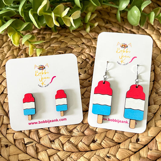 Hand Painted Patriotic Wood Popsicle Earrings: Choose From Dangle or Stud