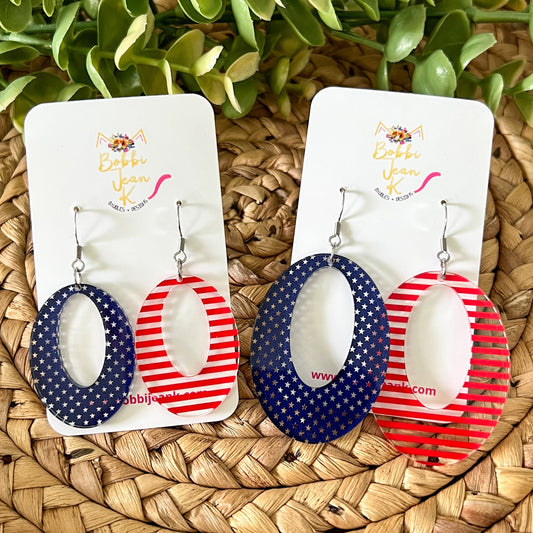 Stars & Stripes Duo Oval Acrylic Earrings: Choose From 2 Sizes - LAST CHANCE