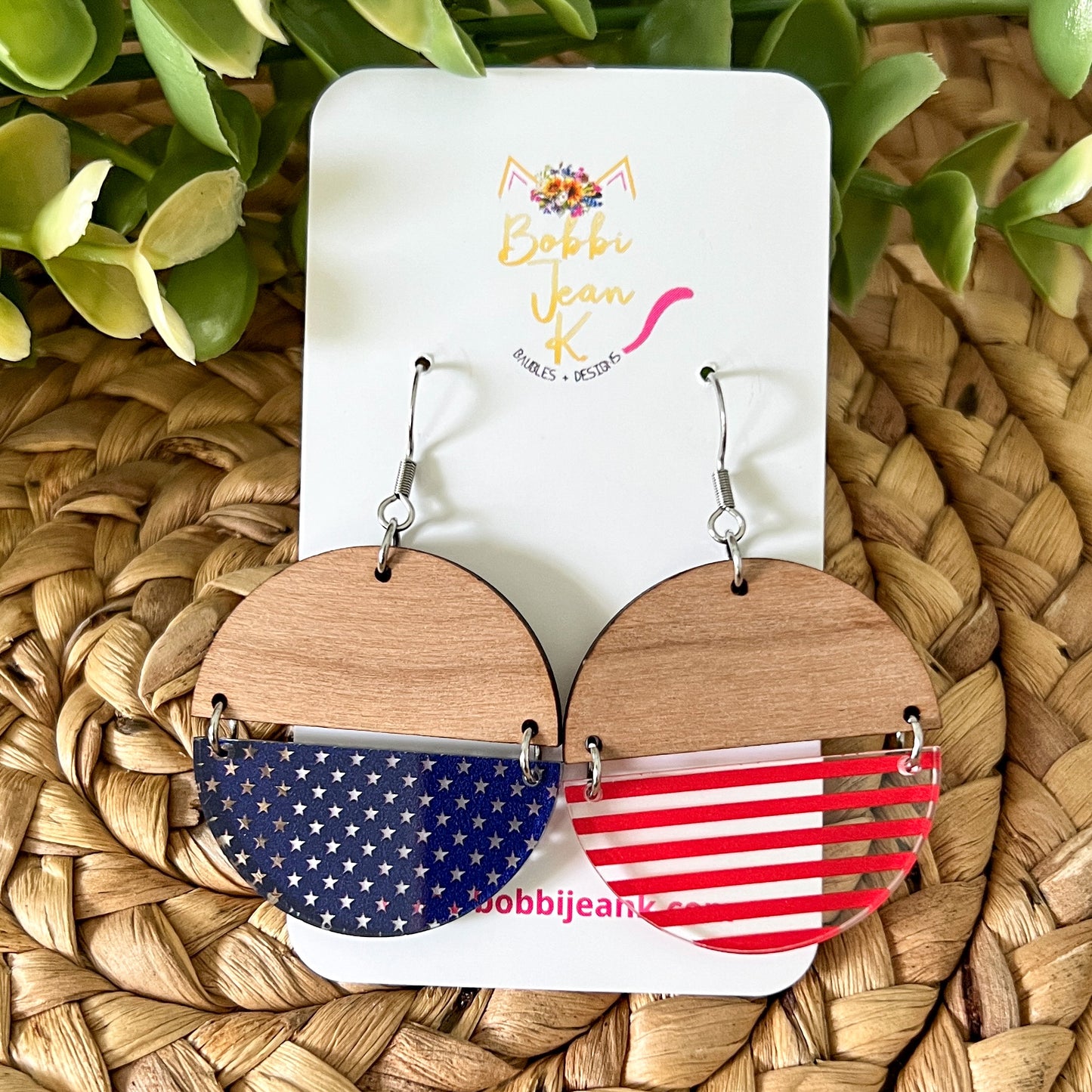 Stars & Stripes Duo Split Circle Acrylic & Wood Earrings - LAST CHANCE