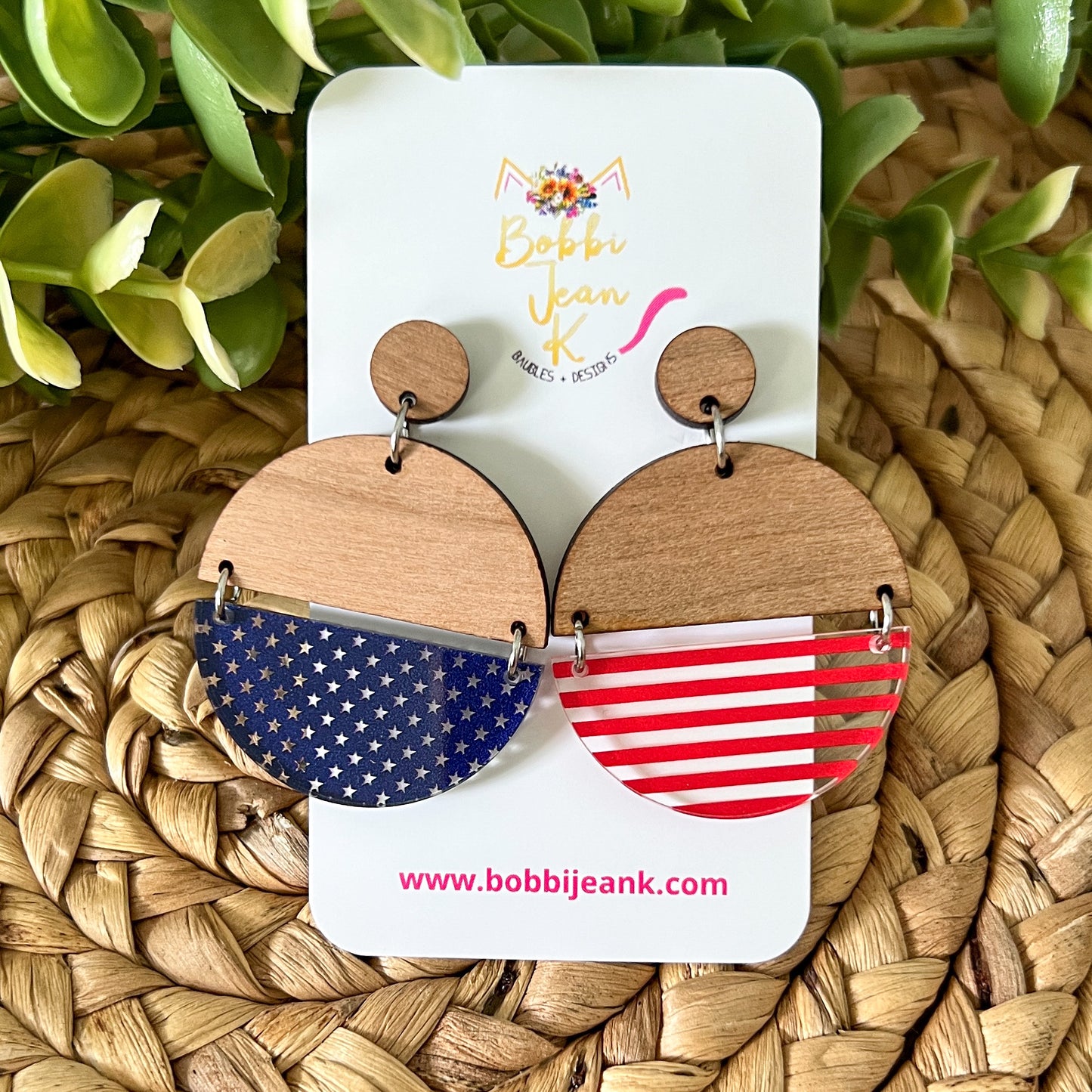 Stars & Stripes Duo Split Circle Acrylic & Wood Earrings