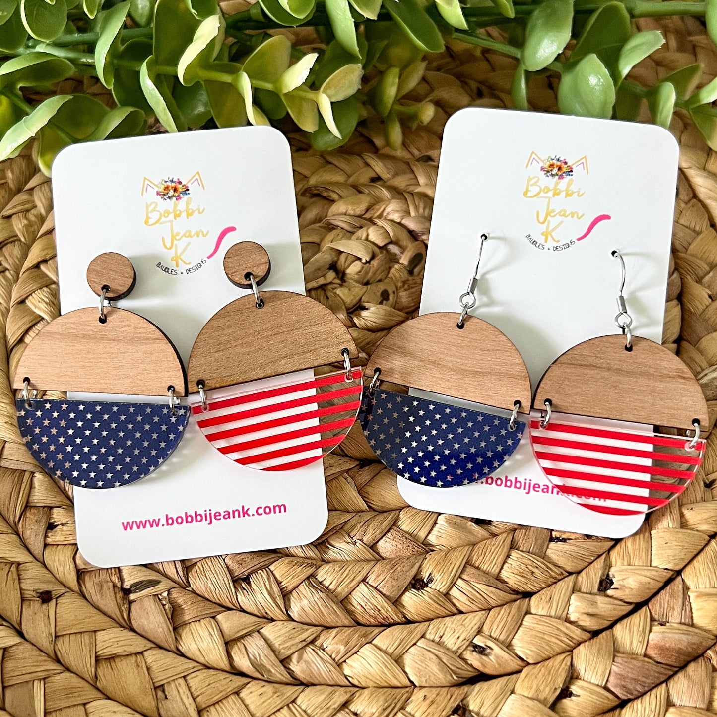 Stars & Stripes Duo Split Circle Acrylic & Wood Earrings