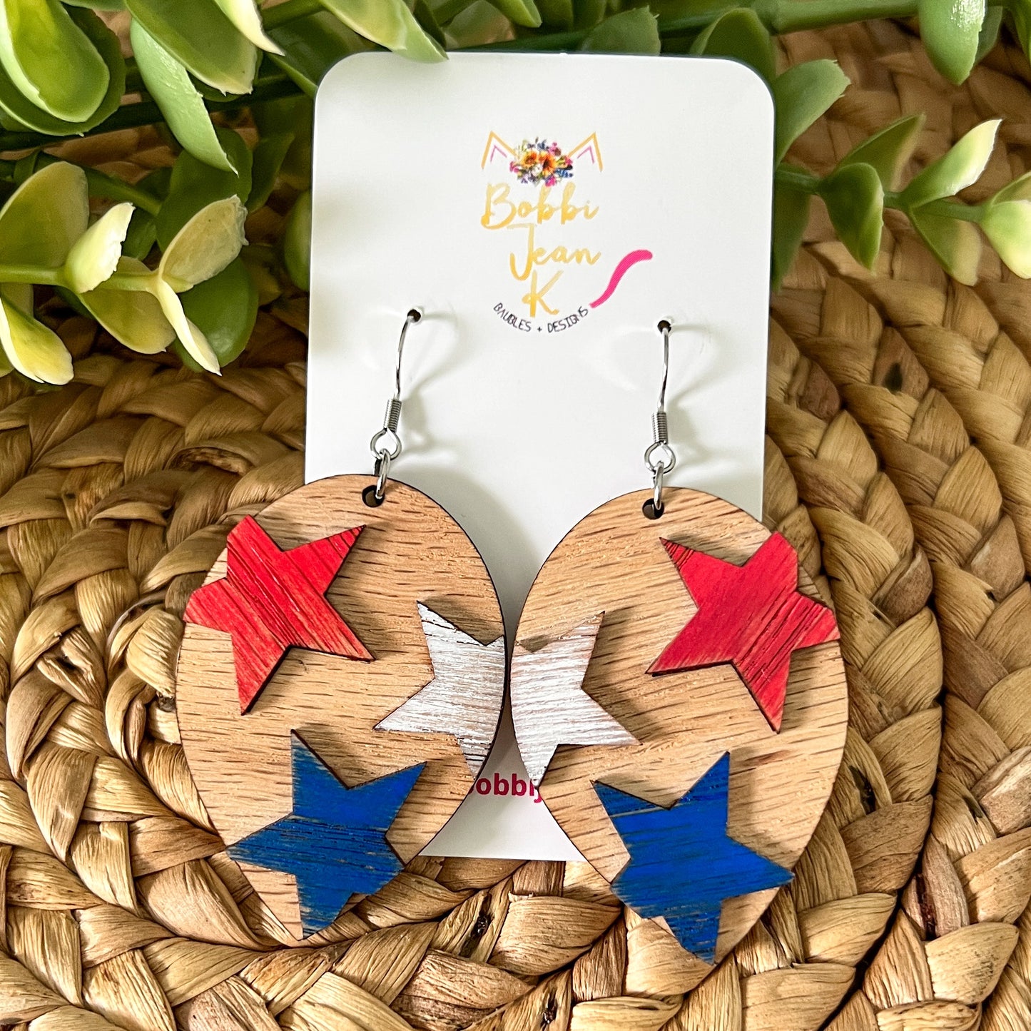 Distressed Stars Hand Painted 3D Red Oak Wood Inverted Teardrop Earrings: Choose From 2 Size Options