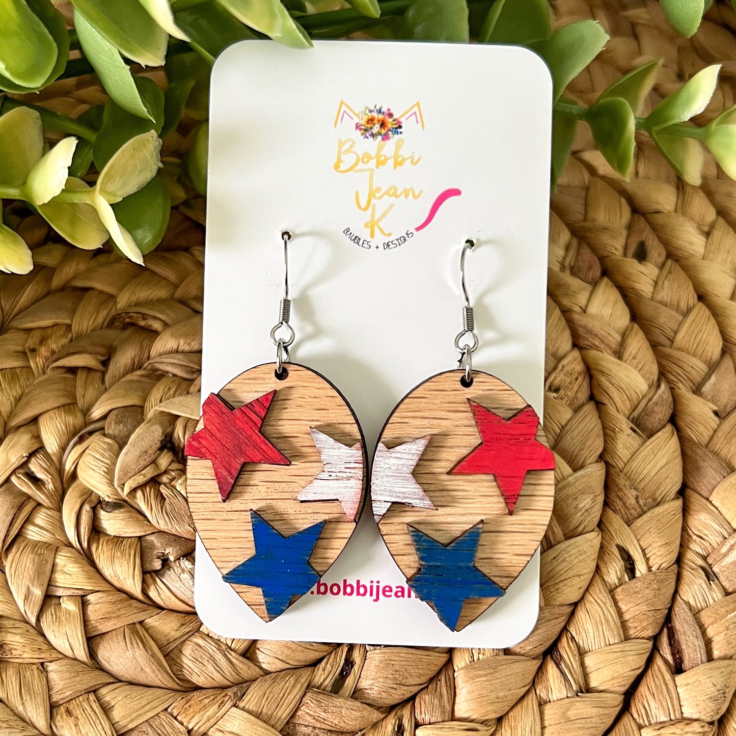 Distressed Stars Hand Painted Wood Inverted Teardrop Earrings