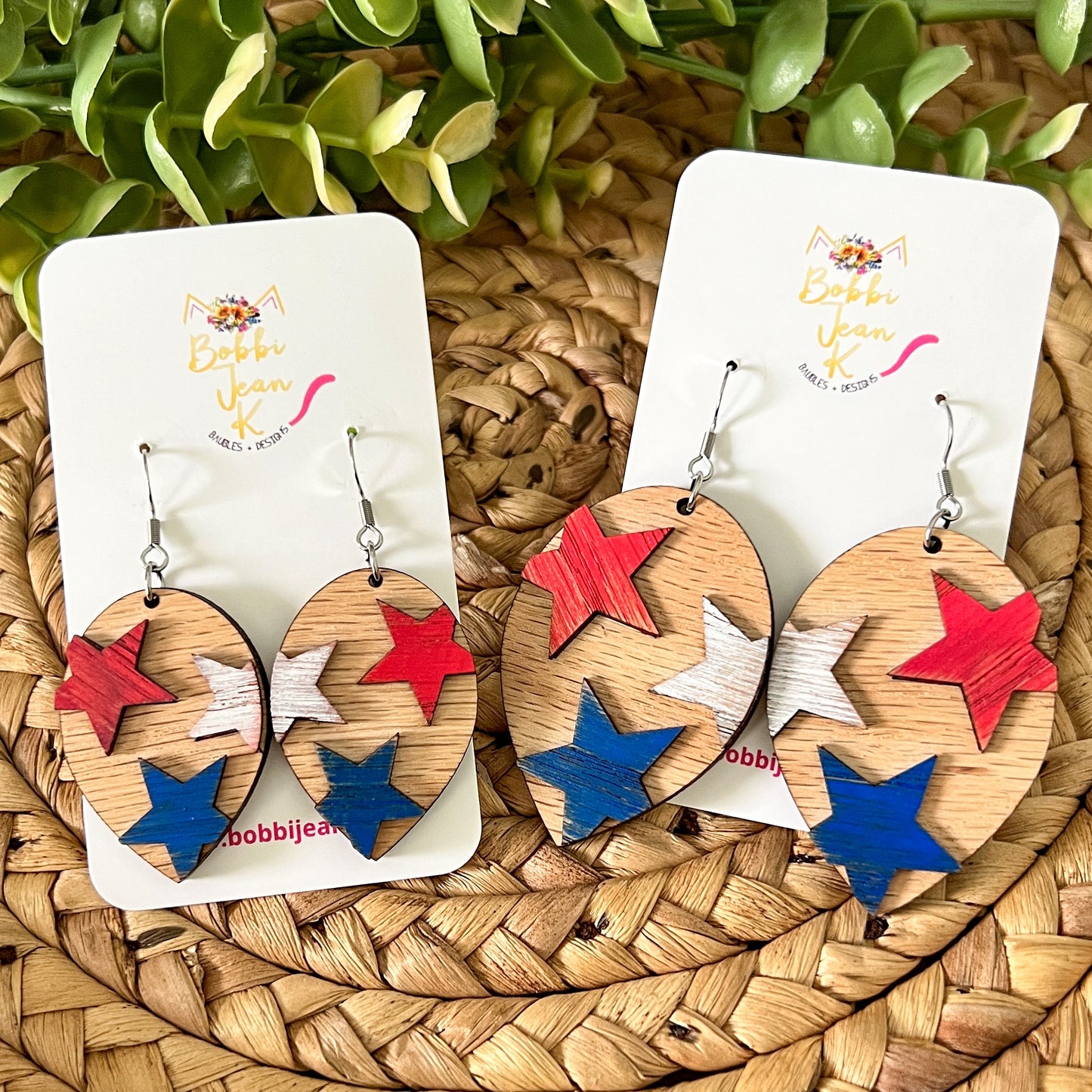 Distressed Stars Hand Painted 3D Red Oak Wood Inverted Teardrop Earrings: Choose From 2 Size Options