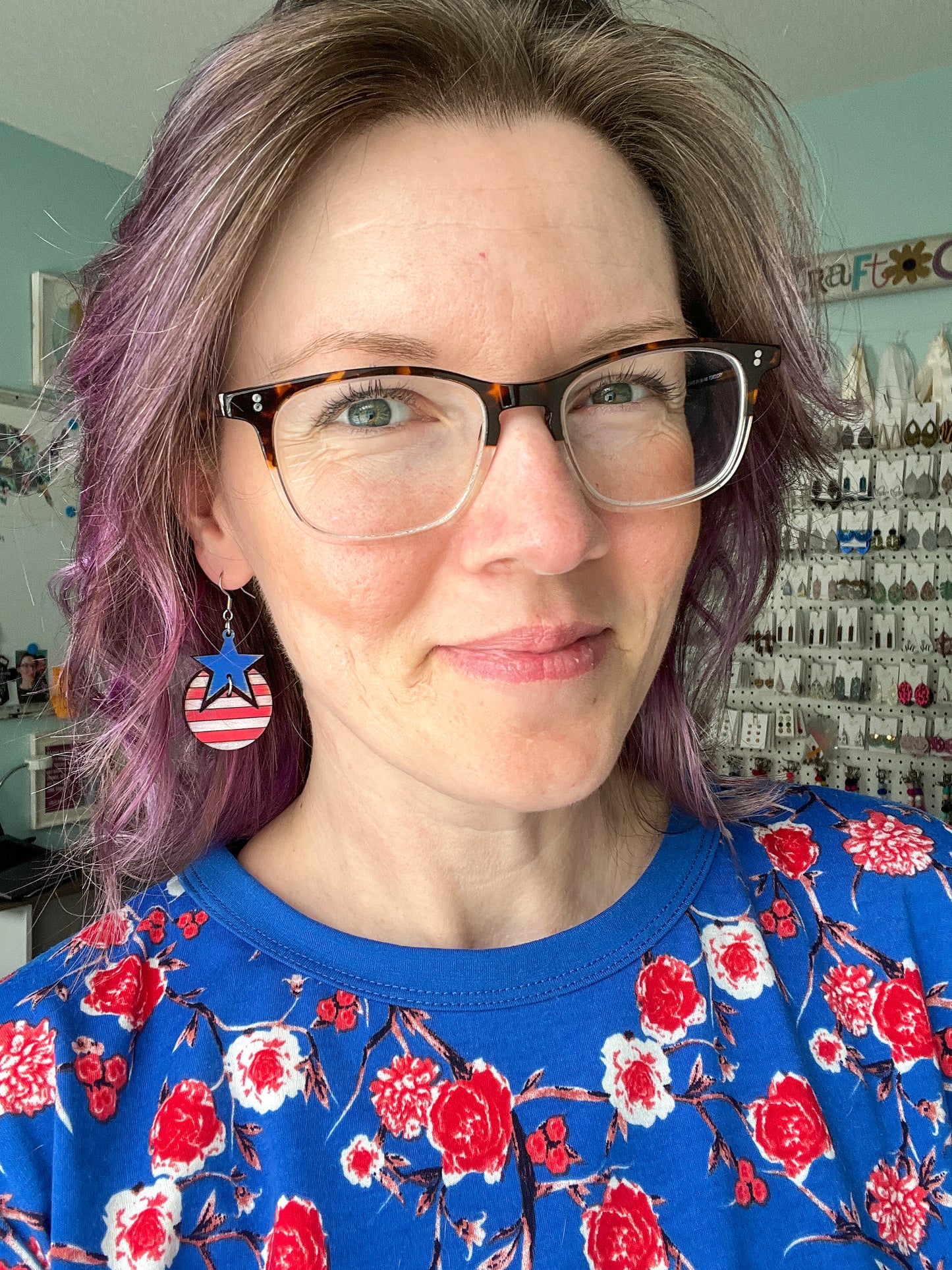 Hand Painted Rustic Star & Stripes Connected Wood Earrings