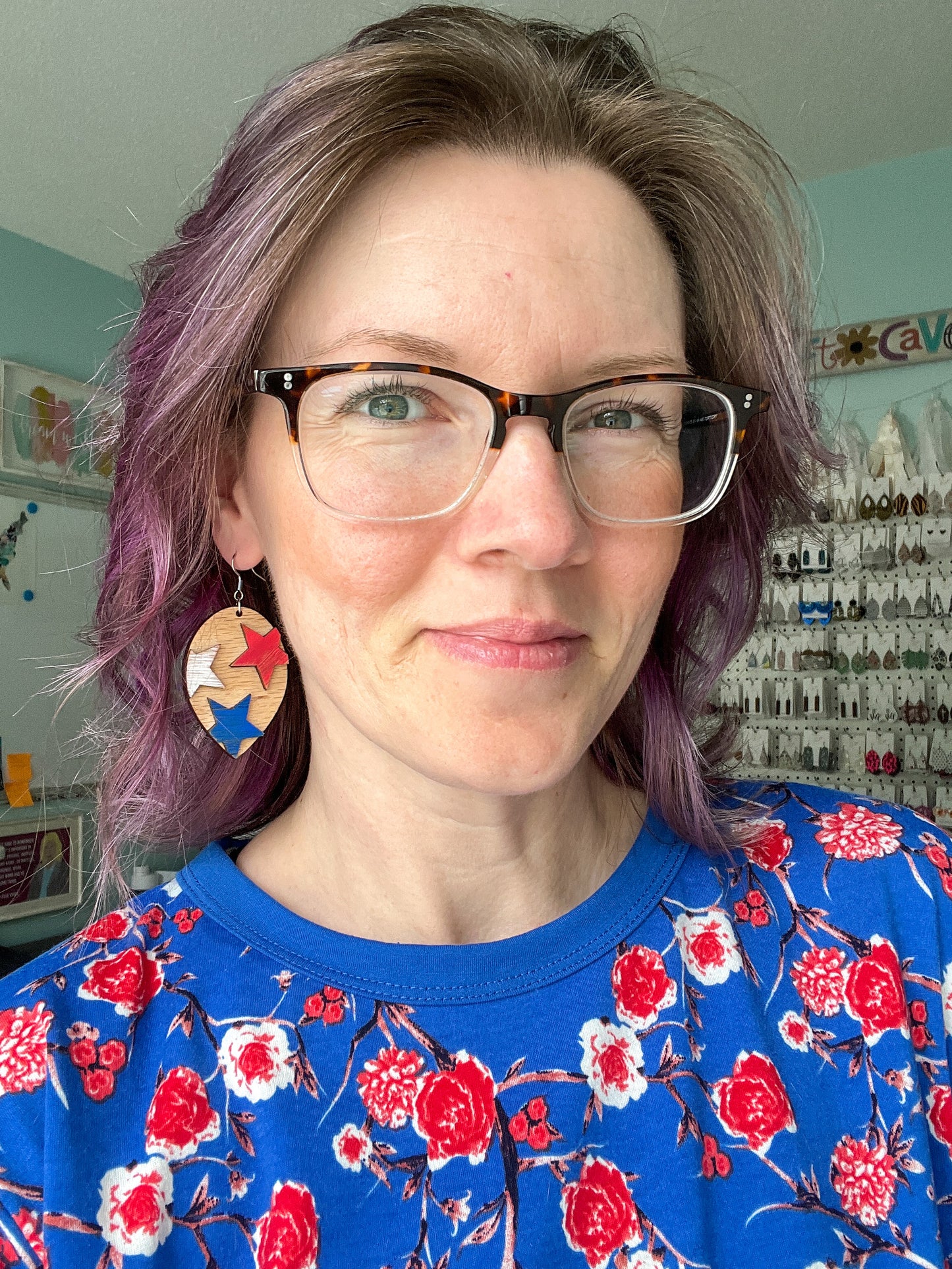 Distressed Stars Hand Painted 3D Red Oak Wood Inverted Teardrop Earrings: Choose From 2 Size Options