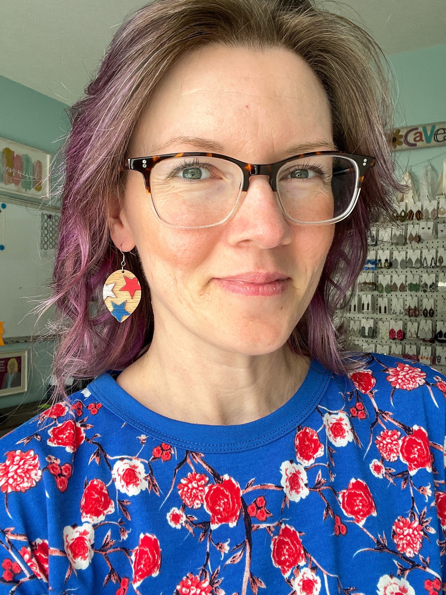 Distressed Stars Hand Painted Wood Inverted Teardrop Earrings