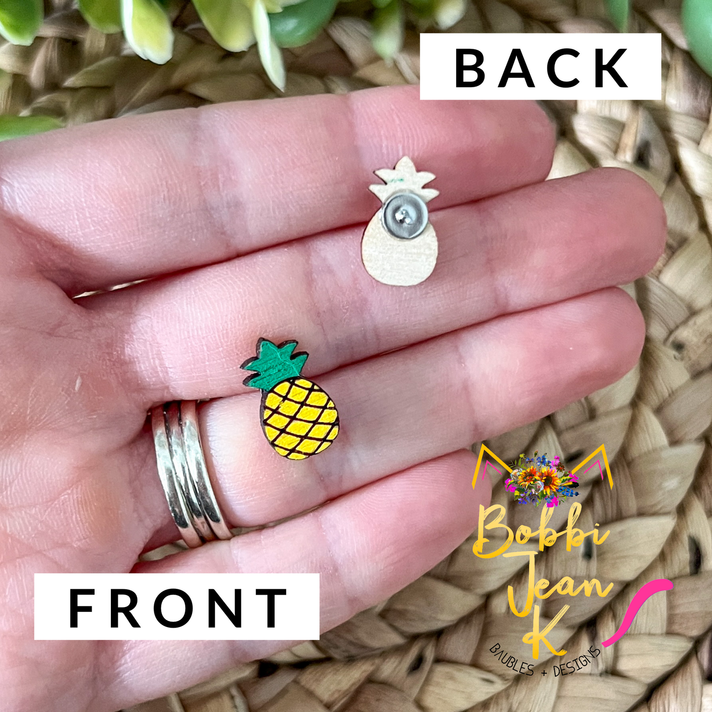 Hand Painted Pineapple Wood Earrings: Choose From Dangle or Stud