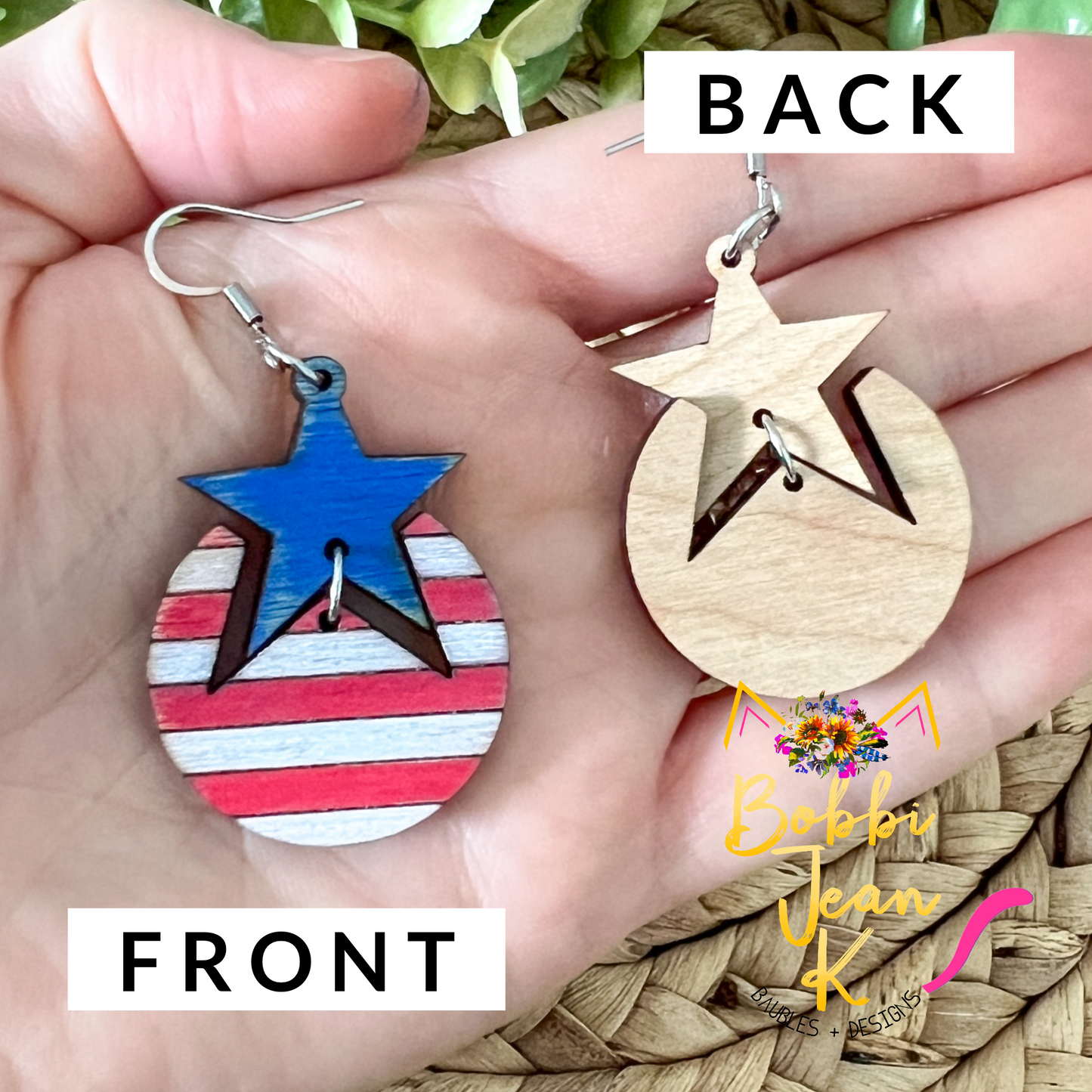 Hand Painted Rustic Star & Stripes Connected Wood Earrings