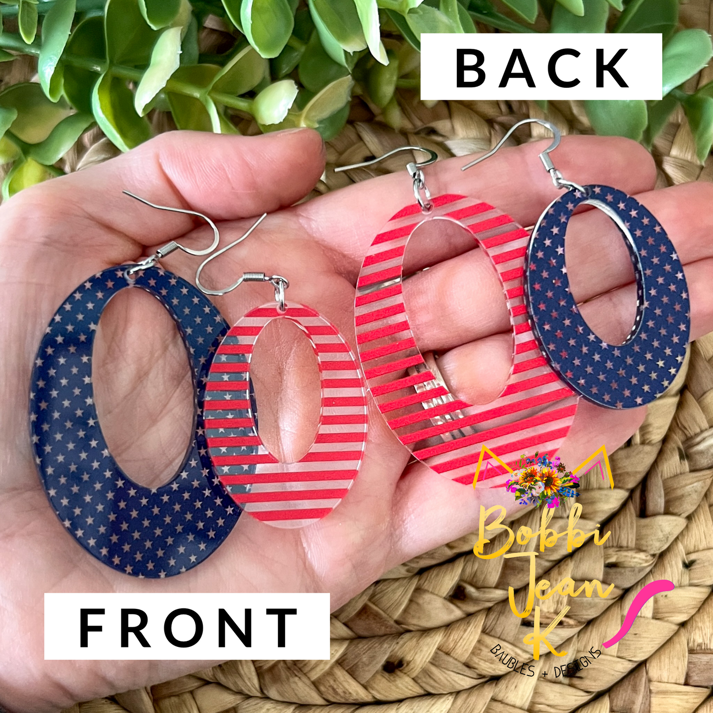 Stars & Stripes Duo Oval Acrylic Earrings: Choose From 2 Sizes