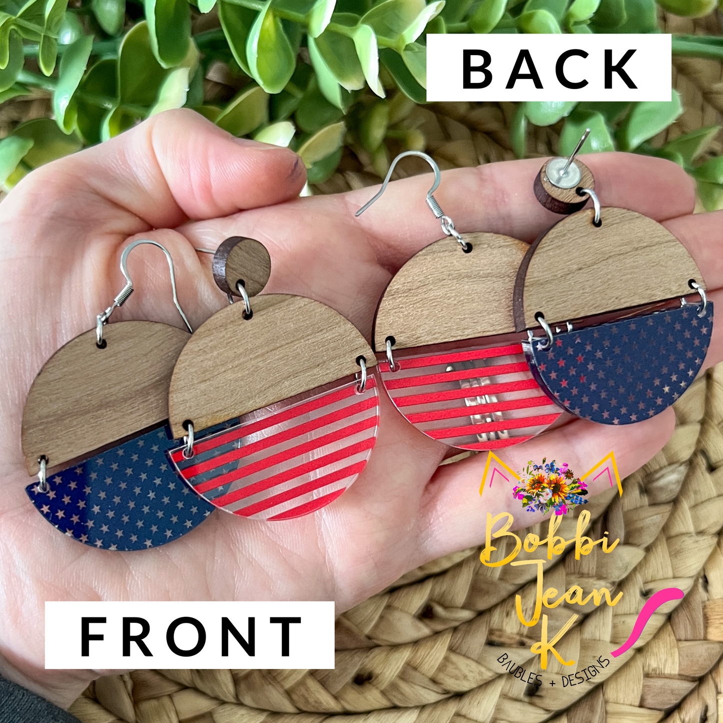 Stars & Stripes Duo Split Circle Acrylic & Wood Earrings - LAST CHANCE